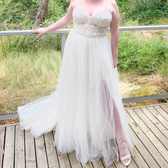 David’s Bridal DB Studio Wedding Dress Ivory 18W Plus Size Corset Tulle Slit - Picture 3 of 8